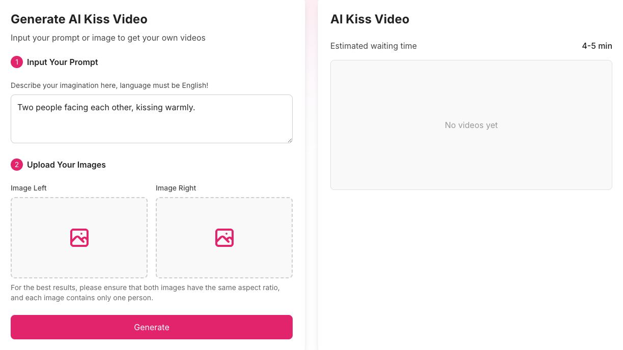 AI Kiss Video Creator Interface